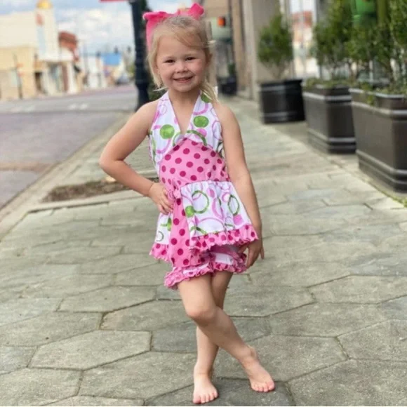 AnnLoren Girls Pink & Green Halter and Shorts Outfit